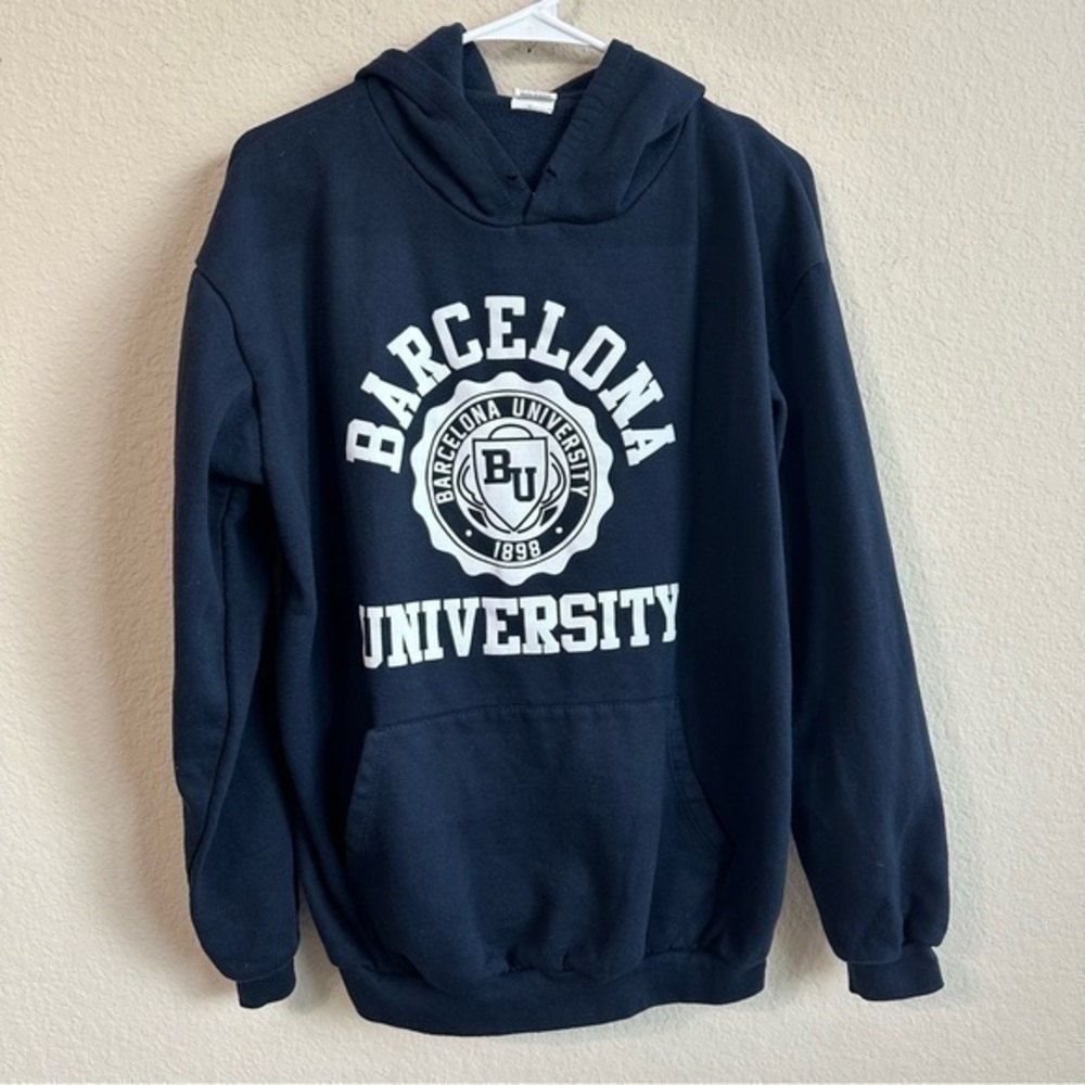 Barcelona University Hoodie Navy Blue Pullover Long Sleeve Front Pocket Trendy